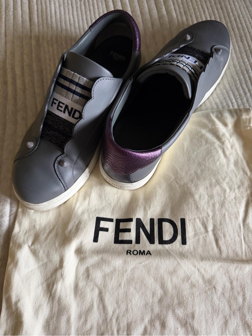 Fendi Gray Leather Slip-On Sneakers with Purple Heel
